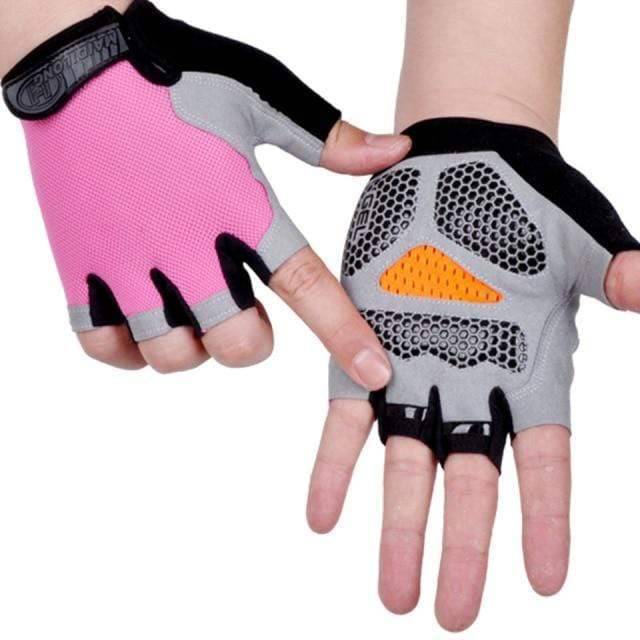 Detailed image of the palm padding on unisex fingerless bike gloves, shock-absorbing