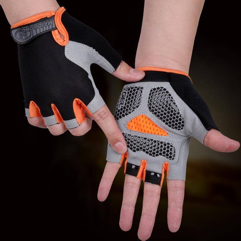Unisex black fingerless cycling gloves with enhanced grip, ideal for road and mountain biking.