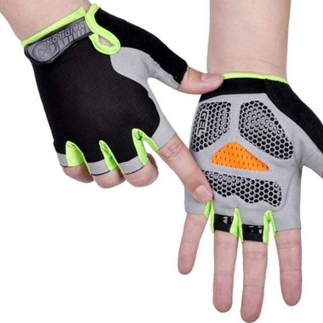 Rear view of unisex fingerless cycling gloves, showing ventilated mesh and secure fit.