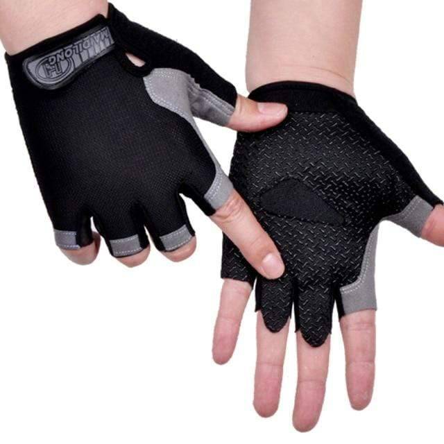Side view of modern black unisex fingerless cycling gloves, featuring adjustable wrist closure.