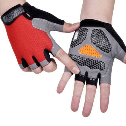 A stack of new unisex fingerless cycling gloves, emphasizing bulk availability for bike shops.