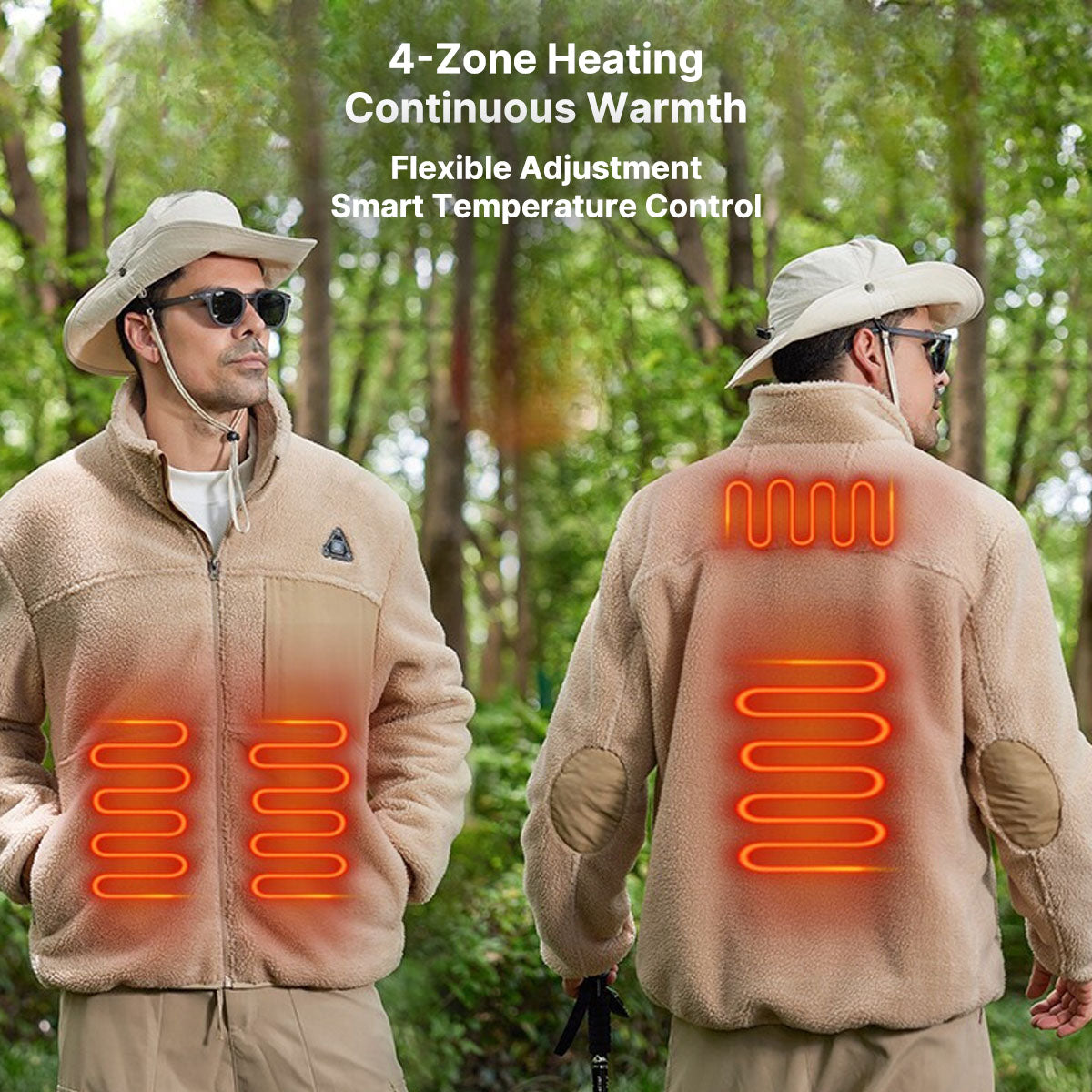 Khaki unisex heated jacket, ideal winter gear for outdoor activities, camping & hiking
