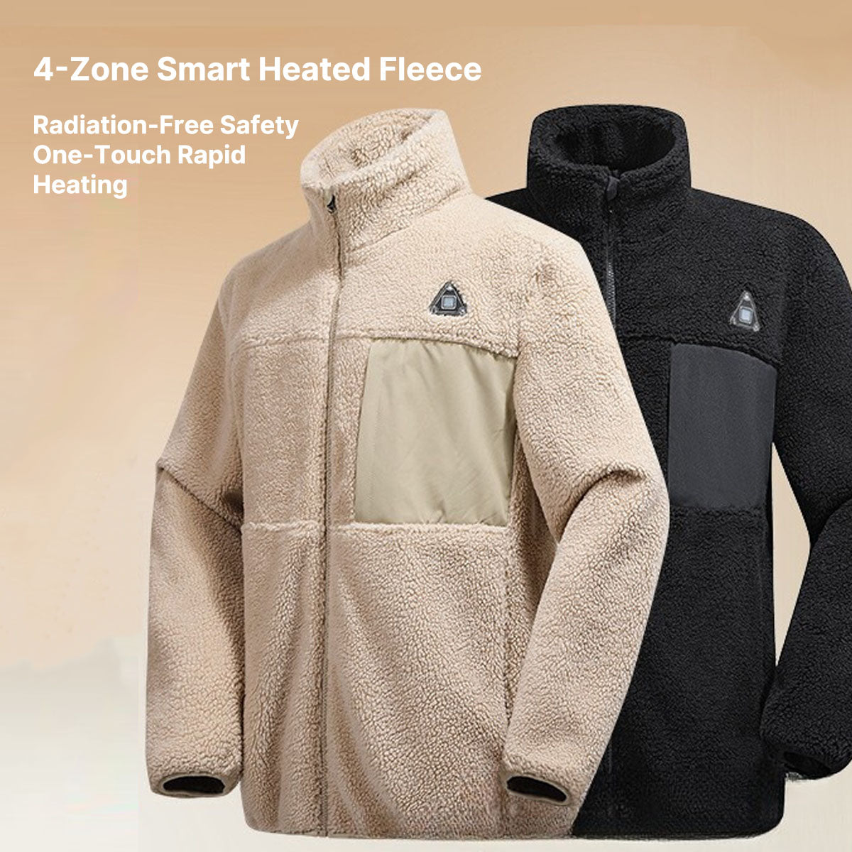 Model wearing black heated outdoor jacket, demonstrating its unisex fit and warmth for winter