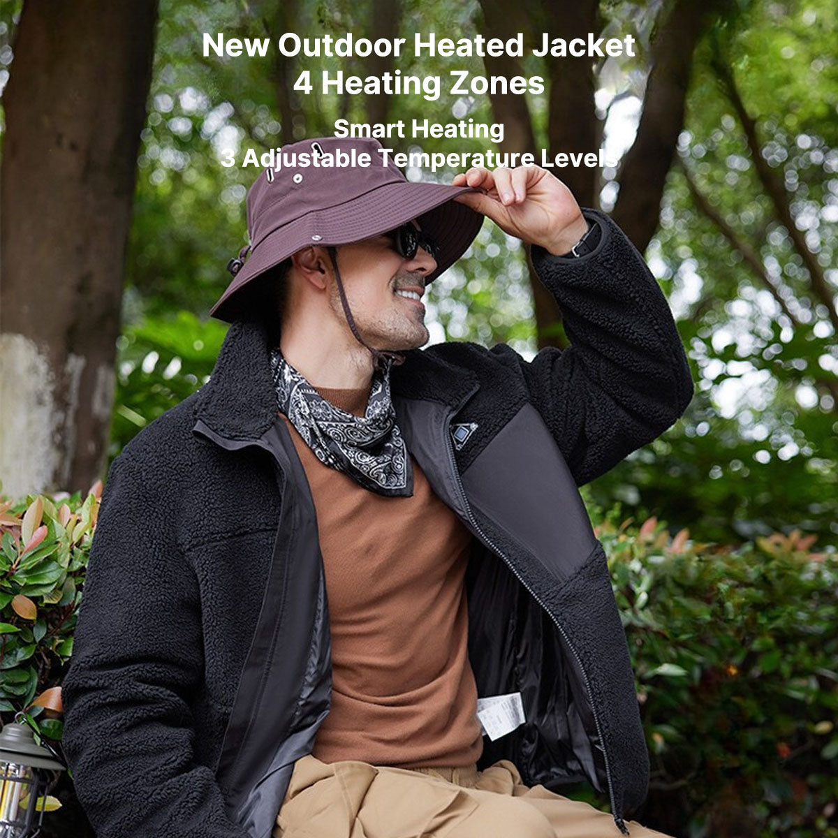 Technical view of unisex heated jacket's internal heating elements, optimal for winter gear