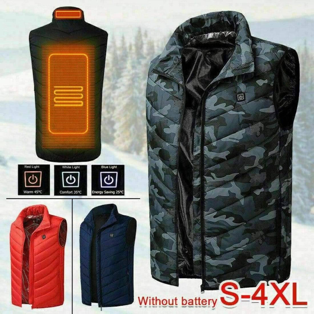 Unisex black heated vest, polyester, for outdoor activities like hiking and camping, winter warmer.