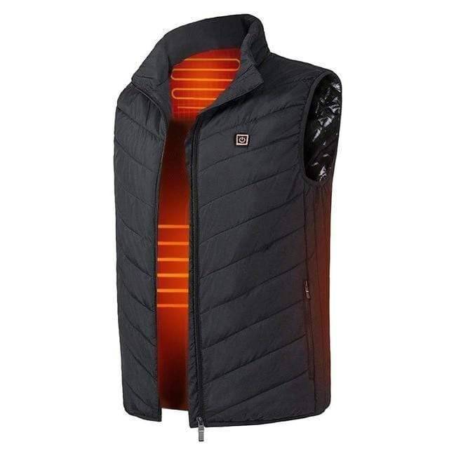Heated thermal vest in black, unisex, ideal for cold weather outdoor sports and camping gear.