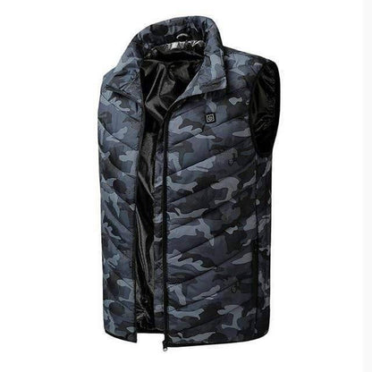 Warm technical heated vest, unisex, shown on a man for hiking and cold weather outdoor use.