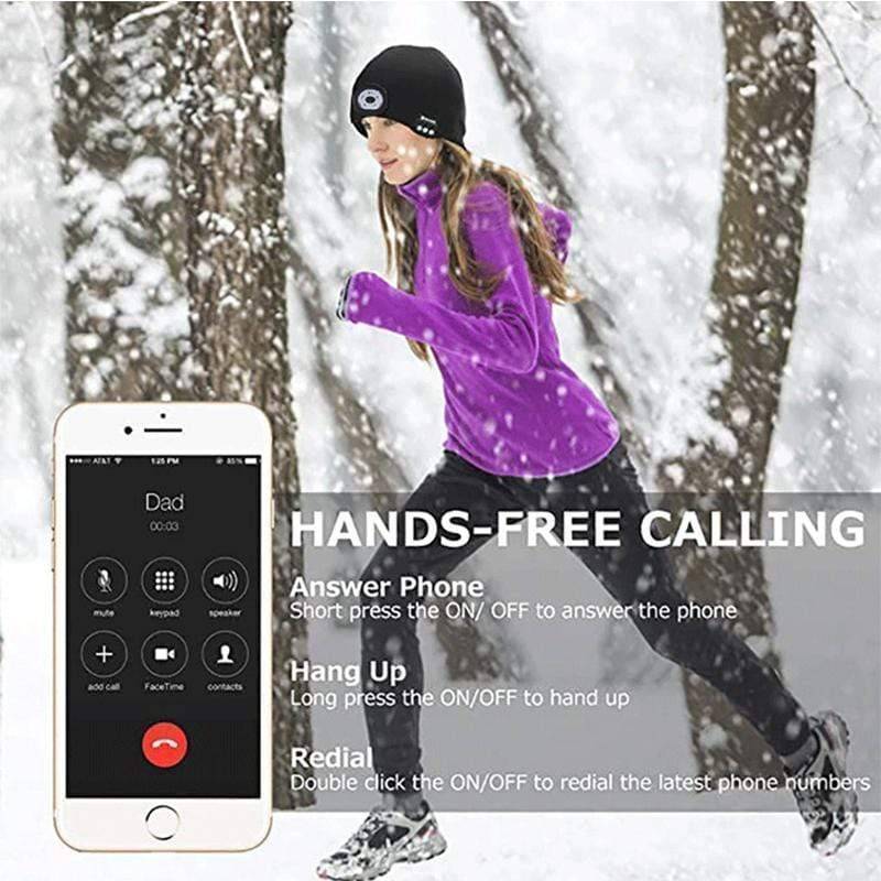 Rechargeable unisex wireless beanie featuring an LED light and Bluetooth 5.0 for outdoor use