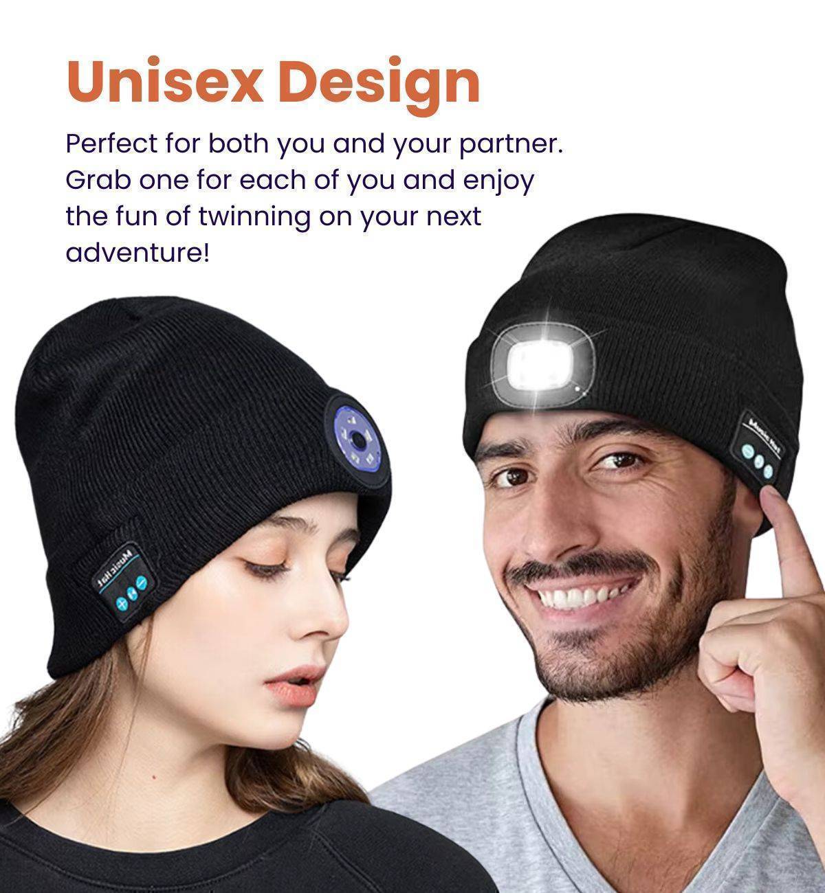 Dark grey knit LED beanie hat with built-in Bluetooth for listening to music, a versatile winter accessory