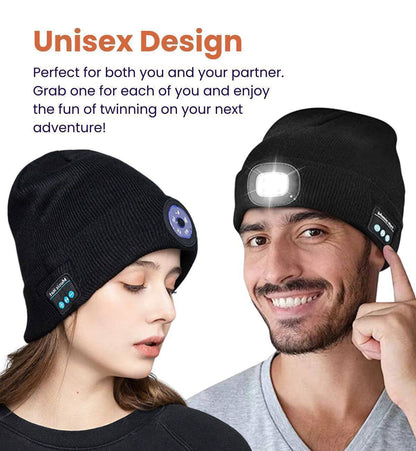 Dark grey knit LED beanie hat with built-in Bluetooth for listening to music, a versatile winter accessory