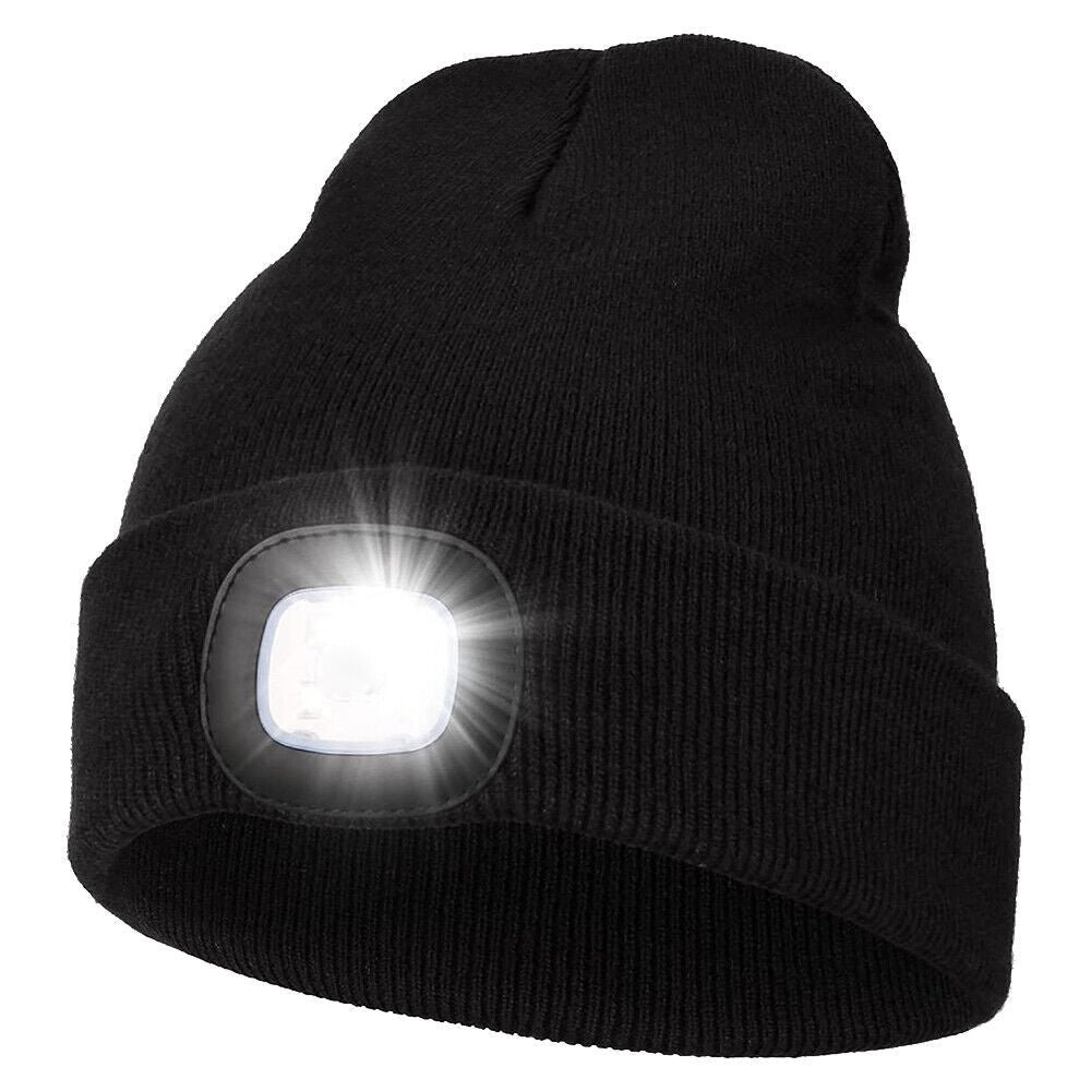 Front view of an LED beanie showing the integrated light in operation, ideal for low-light conditions.