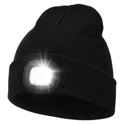 Front view of an LED beanie showing the integrated light in operation, ideal for low-light conditions.