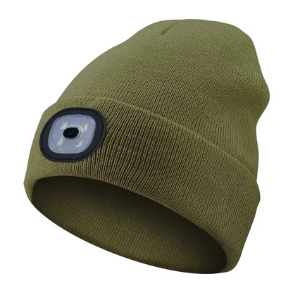 Person setting up a tent at night, illuminated by the hands-free light of an LED beanie hat.