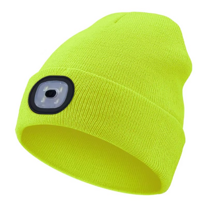 Diagram showing how to charge the LED light unit within the beanie, highlighting its USB feature.