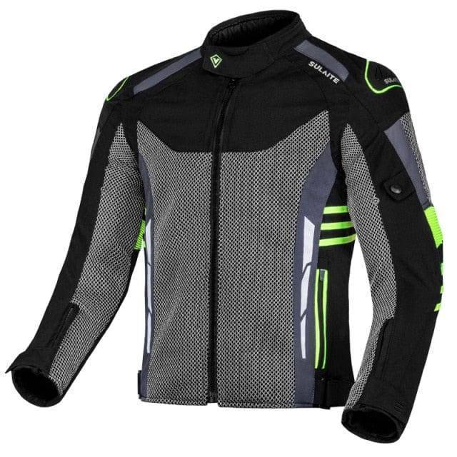 Breathable mesh motorcycle jacket, gray and black, featuring CE-rated elbow and shoulder protection