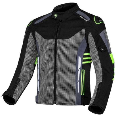 Breathable mesh motorcycle jacket, gray and black, featuring CE-rated elbow and shoulder protection