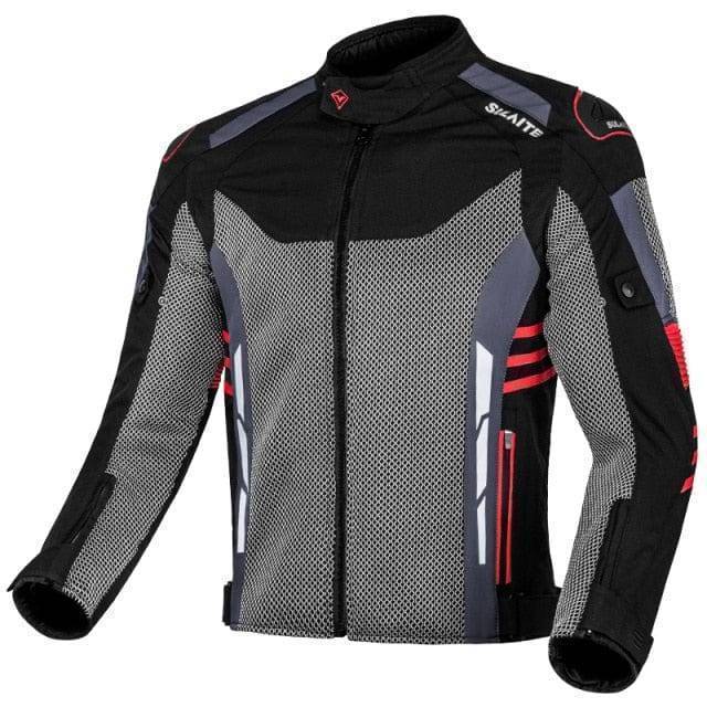 Front view of unisex mesh motorcycle jacket, ideal for motocross, with reflective accents for safety