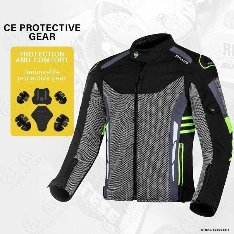 Durable mesh rider gear: a protective motorcycle jacket with chest and back CE impact zones