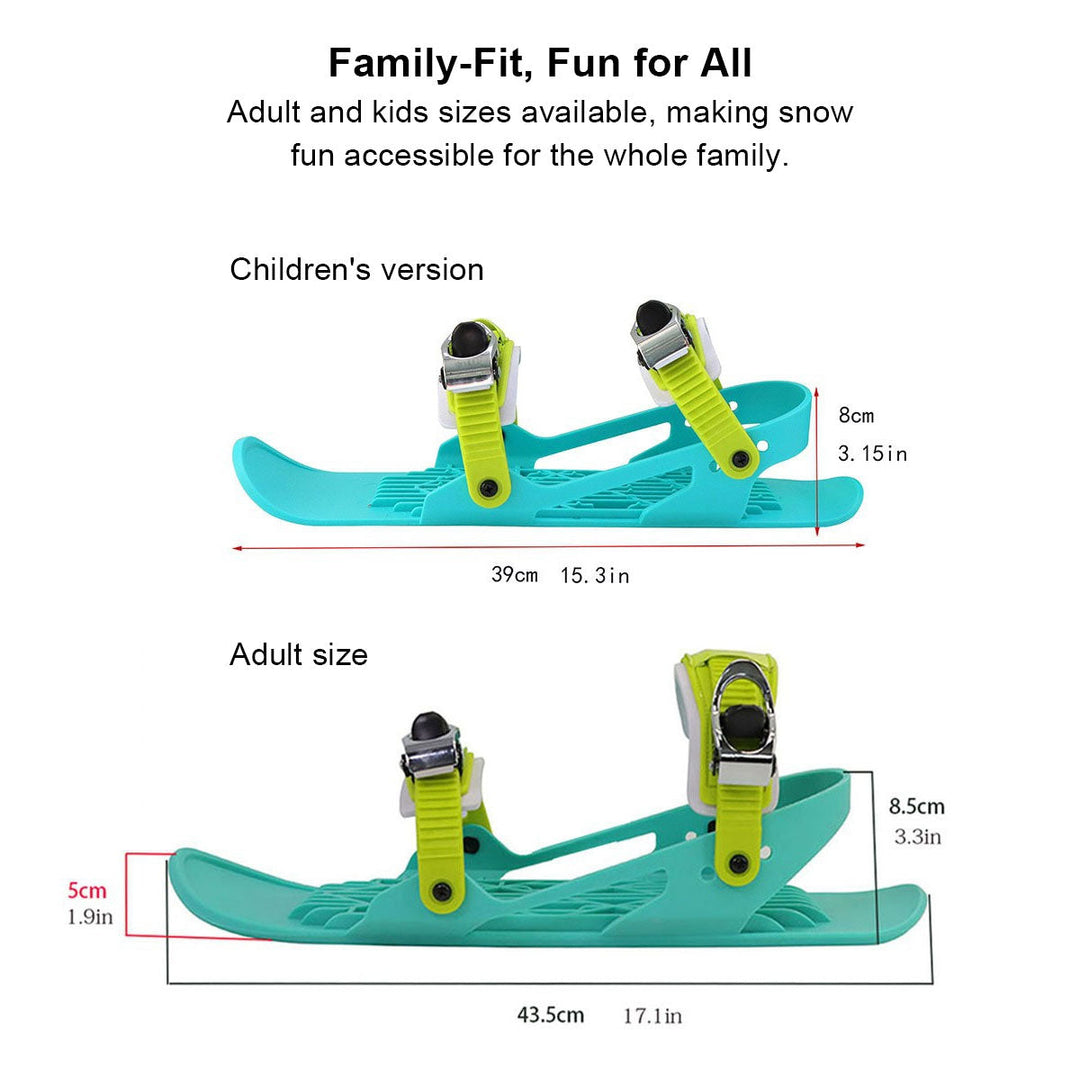 Side view of modern mini snow skates, showcasing their ergonomic design for optimal snow glide