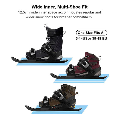 Adult wearing black portable mini snow skates on a snowy slope, enjoying winter sports
