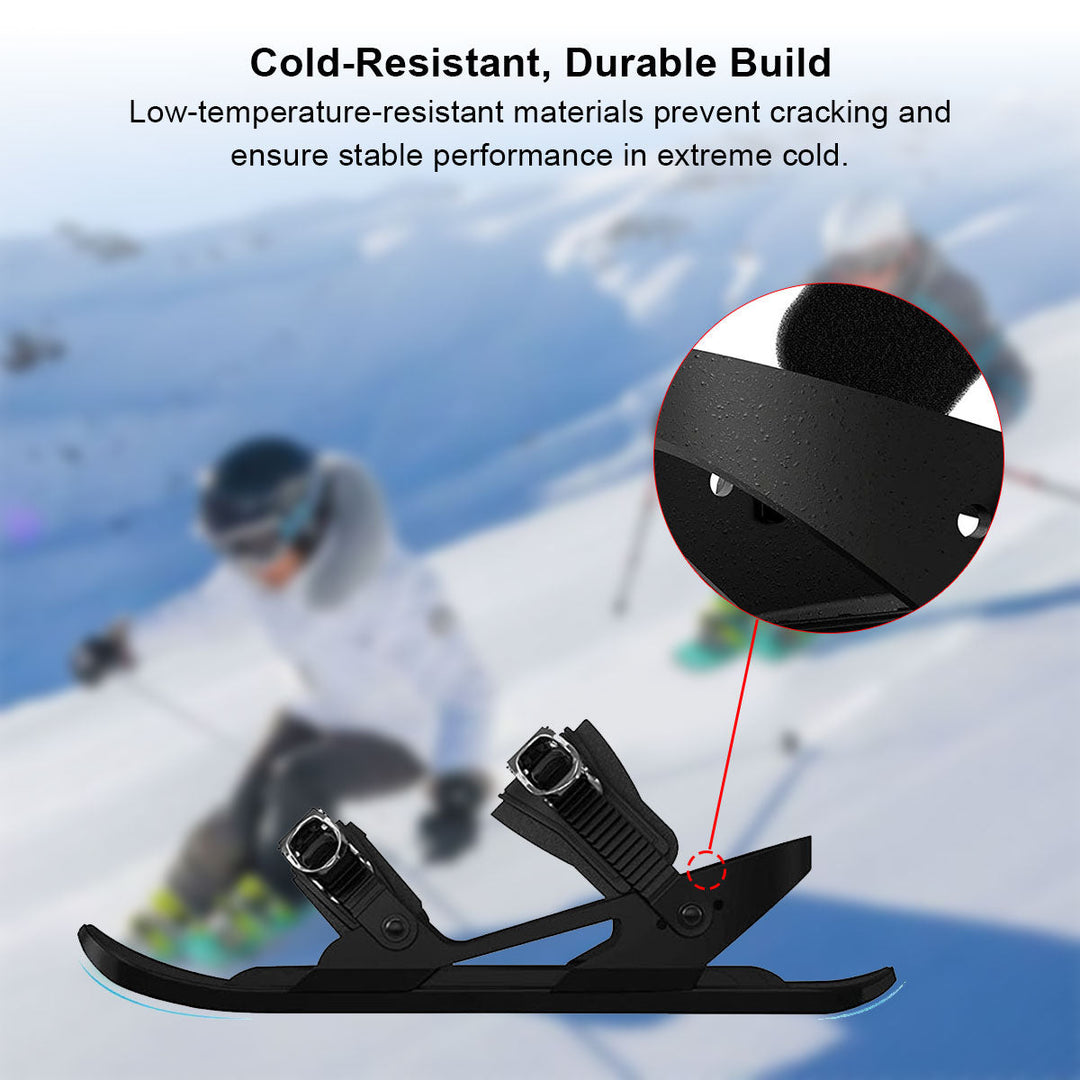Child using blue mini ski snow skates, easy to learn and fun for cold season outdoor adventure