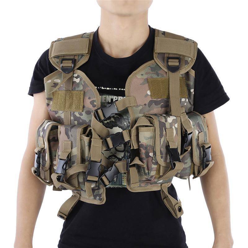 Side view of an adjustable Molle tactical vest, ideal for military and outdoor activities