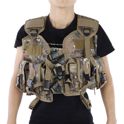 Side view of an adjustable Molle tactical vest, ideal for military and outdoor activities