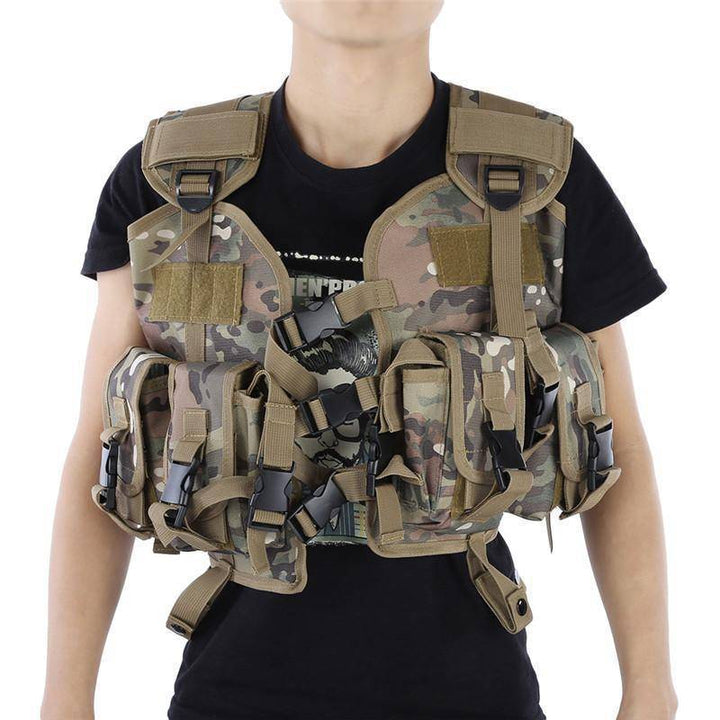 Side view of an adjustable Molle tactical vest, ideal for military and outdoor activities