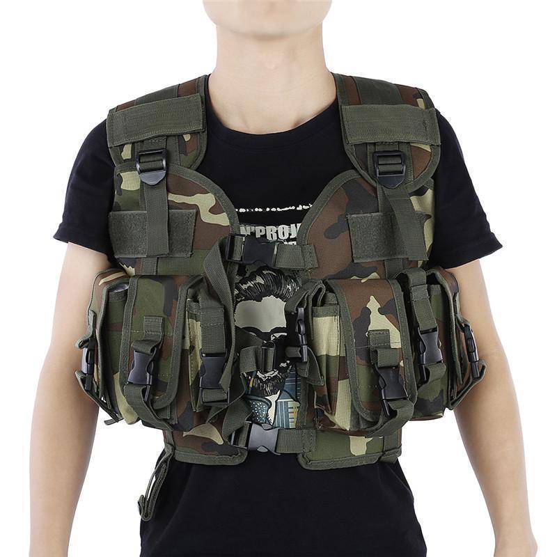Tactical vest with multiple pouches and compartments, designed for survival gear storage