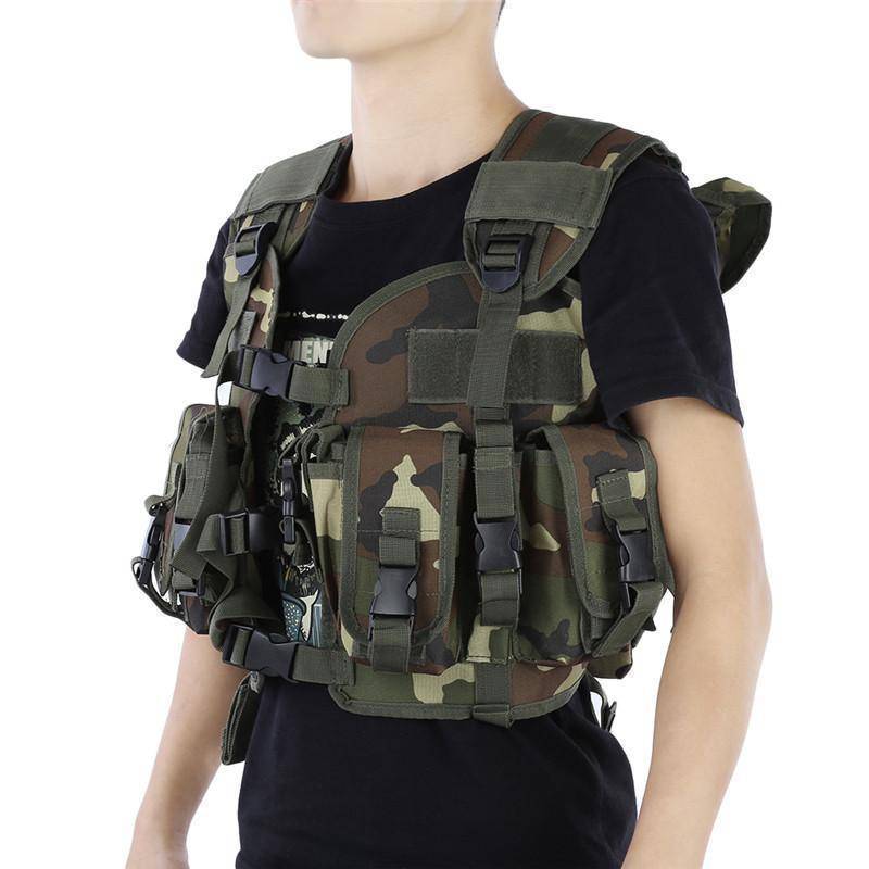 Front view of a rugged Molle vest, perfect for hunting, airsoft, and tactical training