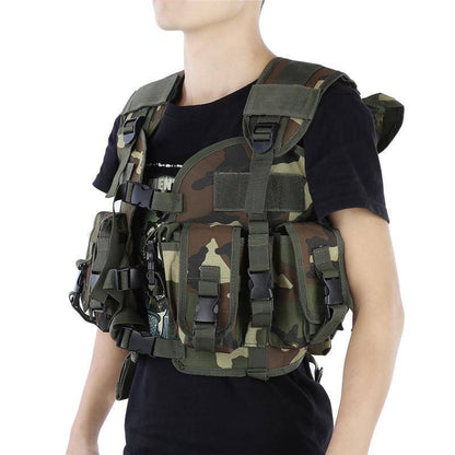 Front view of a rugged Molle vest, perfect for hunting, airsoft, and tactical training