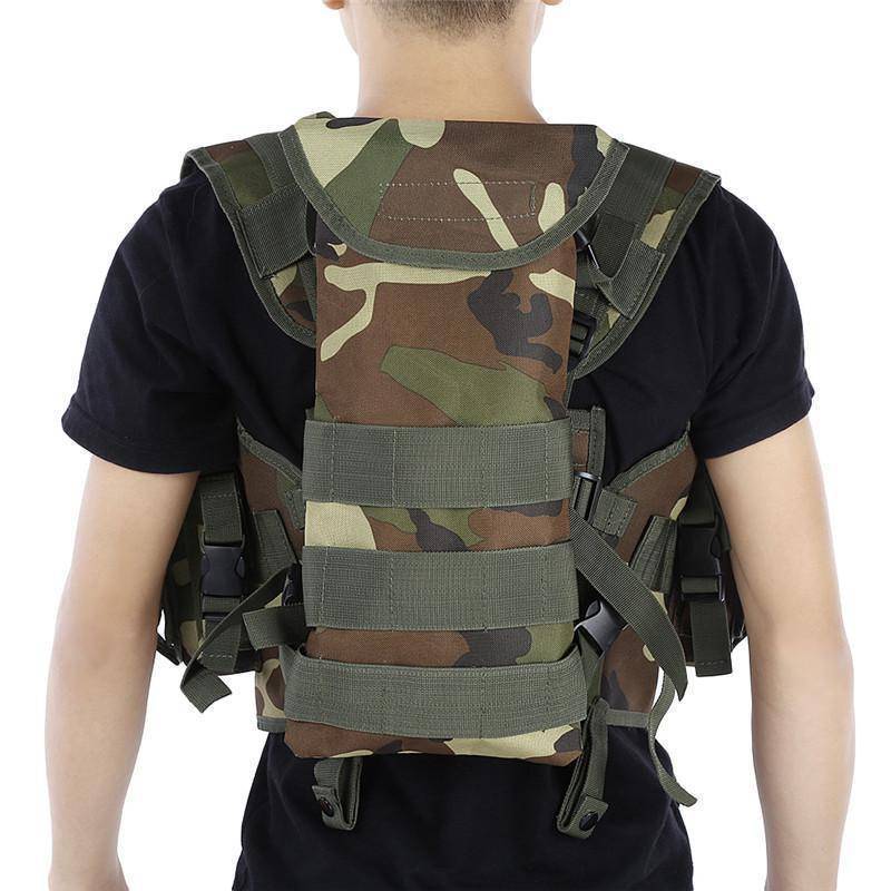 Rear view of a Molle tactical vest, showcasing back panel for additional attachments