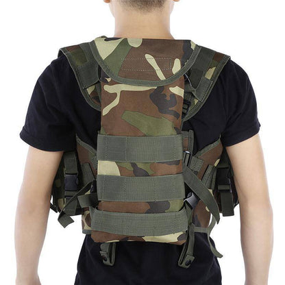 Rear view of a Molle tactical vest, showcasing back panel for additional attachments