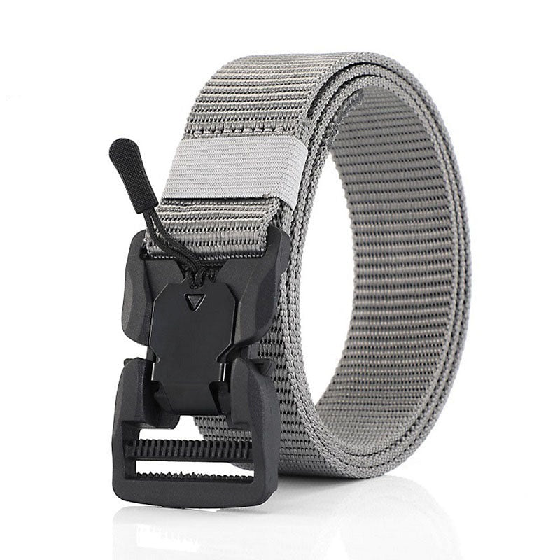 Unisex black nylon tactical web belt with quick release buckle, durable for outdoor sports and military gear.