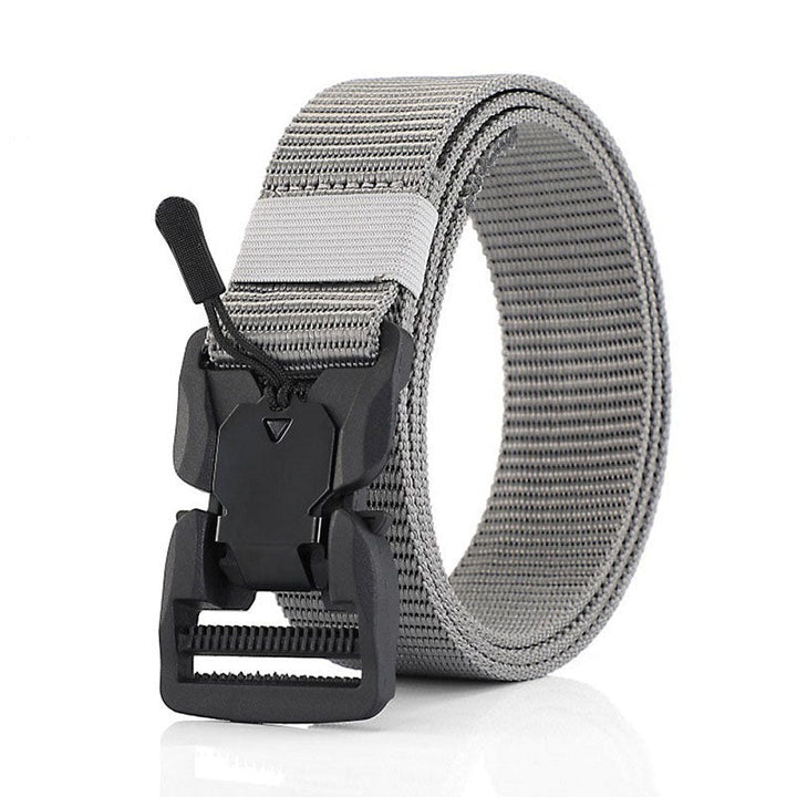 Unisex black nylon tactical web belt with quick release buckle, durable for outdoor sports and military gear.