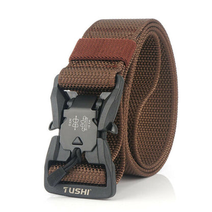 Olive green combat gear tactical belt with quick release buckle, designed for durability and outdoor activities.