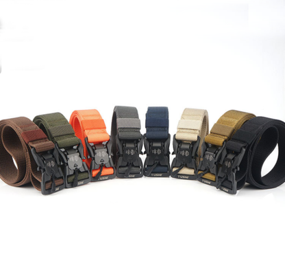 Heavy-duty tactical web belt with quick release buckle, demonstrating its adjustable feature for a secure fit.