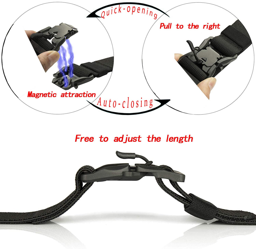 Close-up of the quick release buckle on a black nylon tactical belt, showing its robust design for heavy-duty use.