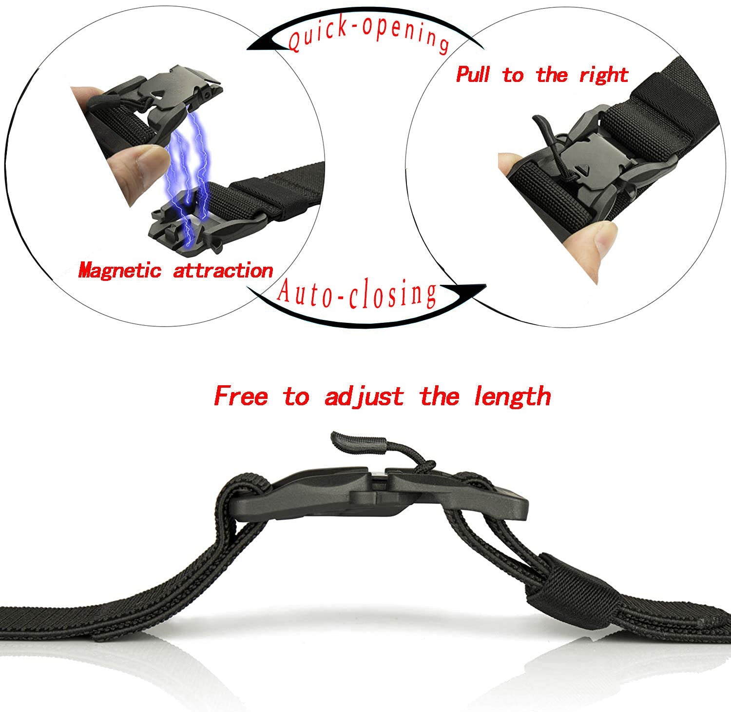 Close-up of the quick release buckle on a black nylon tactical belt, showing its robust design for heavy-duty use.