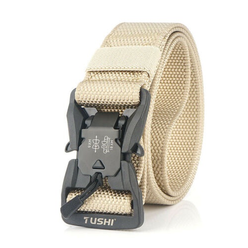 Side view of a grey nylon tactical belt, highlighting its adjustable strap and quick release buckle for outdoor sports.