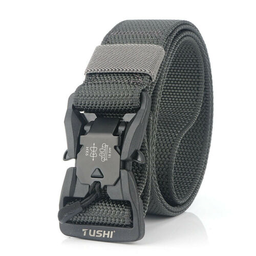 Tactical belt in camouflage print, made from strong nylon with a quick release buckle, suitable for military gear.