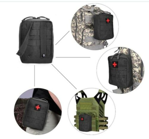 Outdoor survival: black rip-away MOLLE medical pouch, perfect for emergency first aid and trauma.