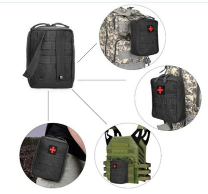 Outdoor survival: black rip-away MOLLE medical pouch, perfect for emergency first aid and trauma.