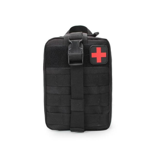 Rip-away MOLLE compatible medical pouch in black, an indispensable IFAK and EMT trauma kit bag.
