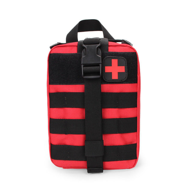 First aid essentials: black rip-away MOLLE medical pouch for quick access to emergency supplies.