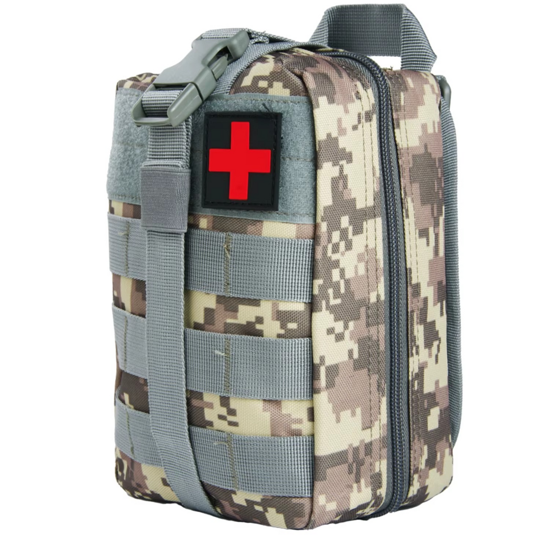 Rip-away MOLLE medical pouch, black, designed for quick access to first aid in outdoor emergencies.