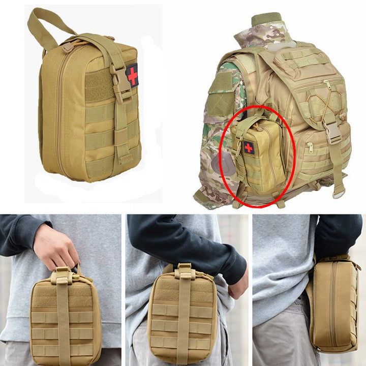 Black EMT trauma kit bag, rip-away MOLLE medical pouch for quick access to survival first aid.