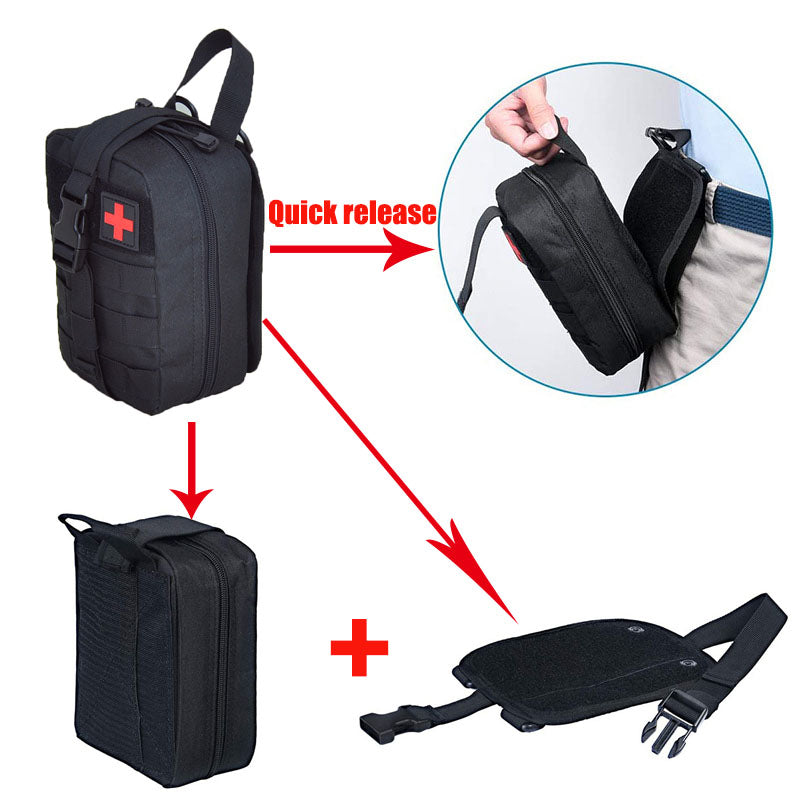 Black rip-away MOLLE first aid bag, designed for quick detachment in emergency medical situations.