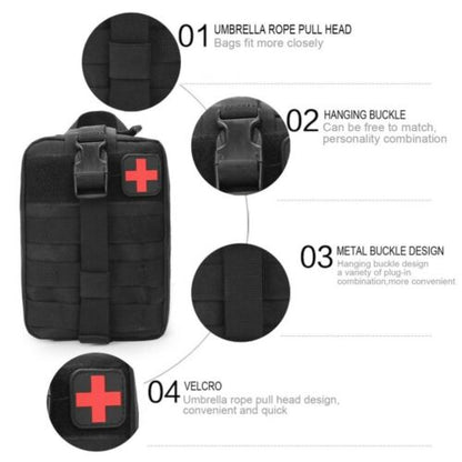 Versatile black rip-away medical pouch for IFAK, MOLLE attachment, an emergency first aid solution.