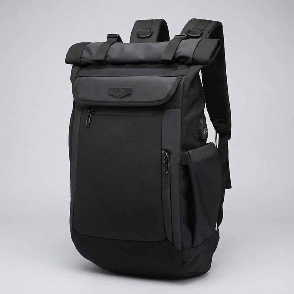 Spacious black roll-top travel backpack, waterproof & durable, perfect for outdoor gear & adventure trips.